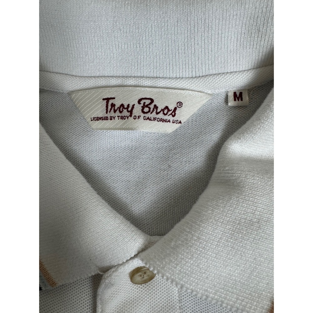 Vintage Troy Bros White Short Sleeve Polo Shirt Striped Collar Mens Medium - Picture 13 of 13